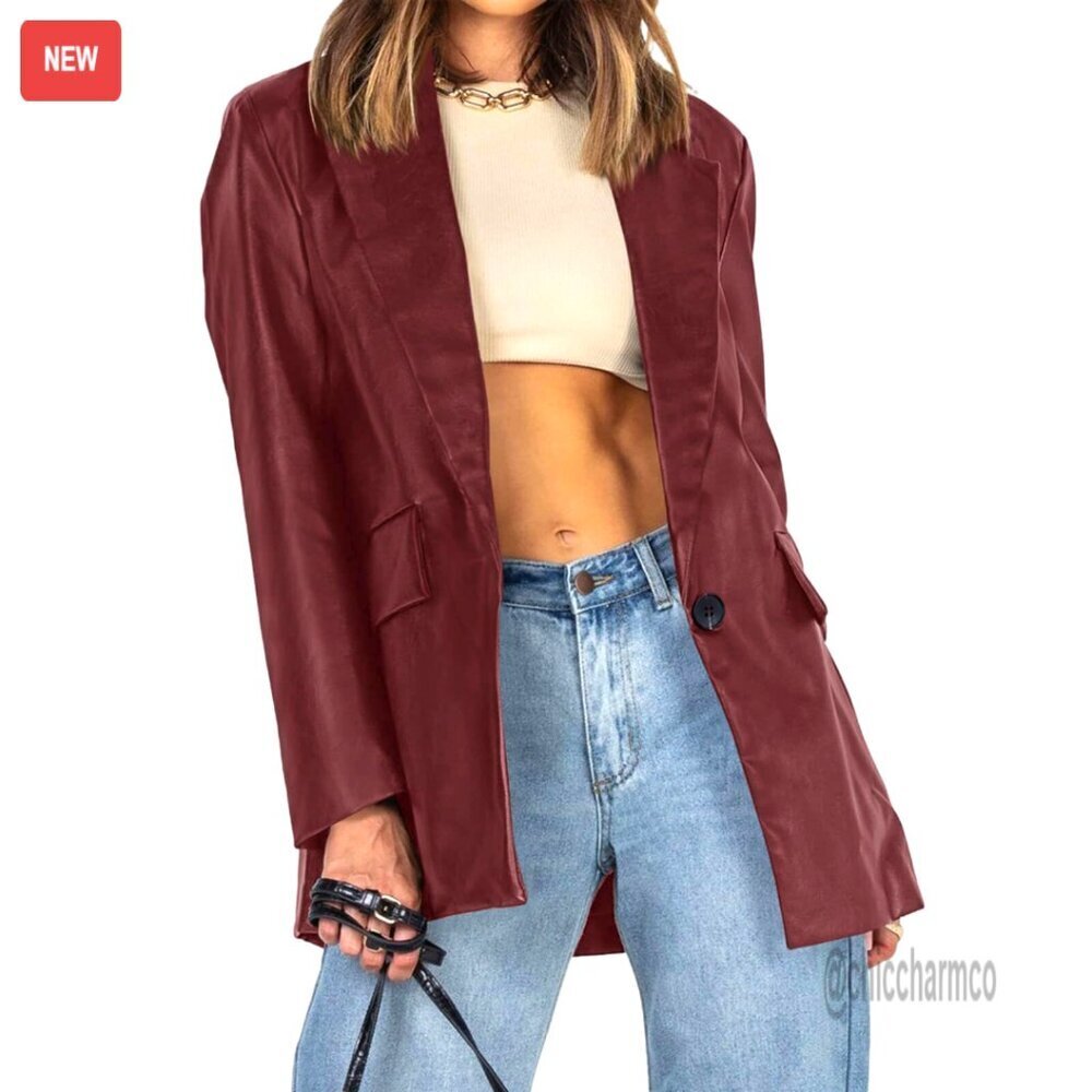 Oversized Faux Leather Blazer Shacket Coat Chic Classic Lapel Button Front